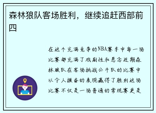 森林狼队客场胜利，继续追赶西部前四